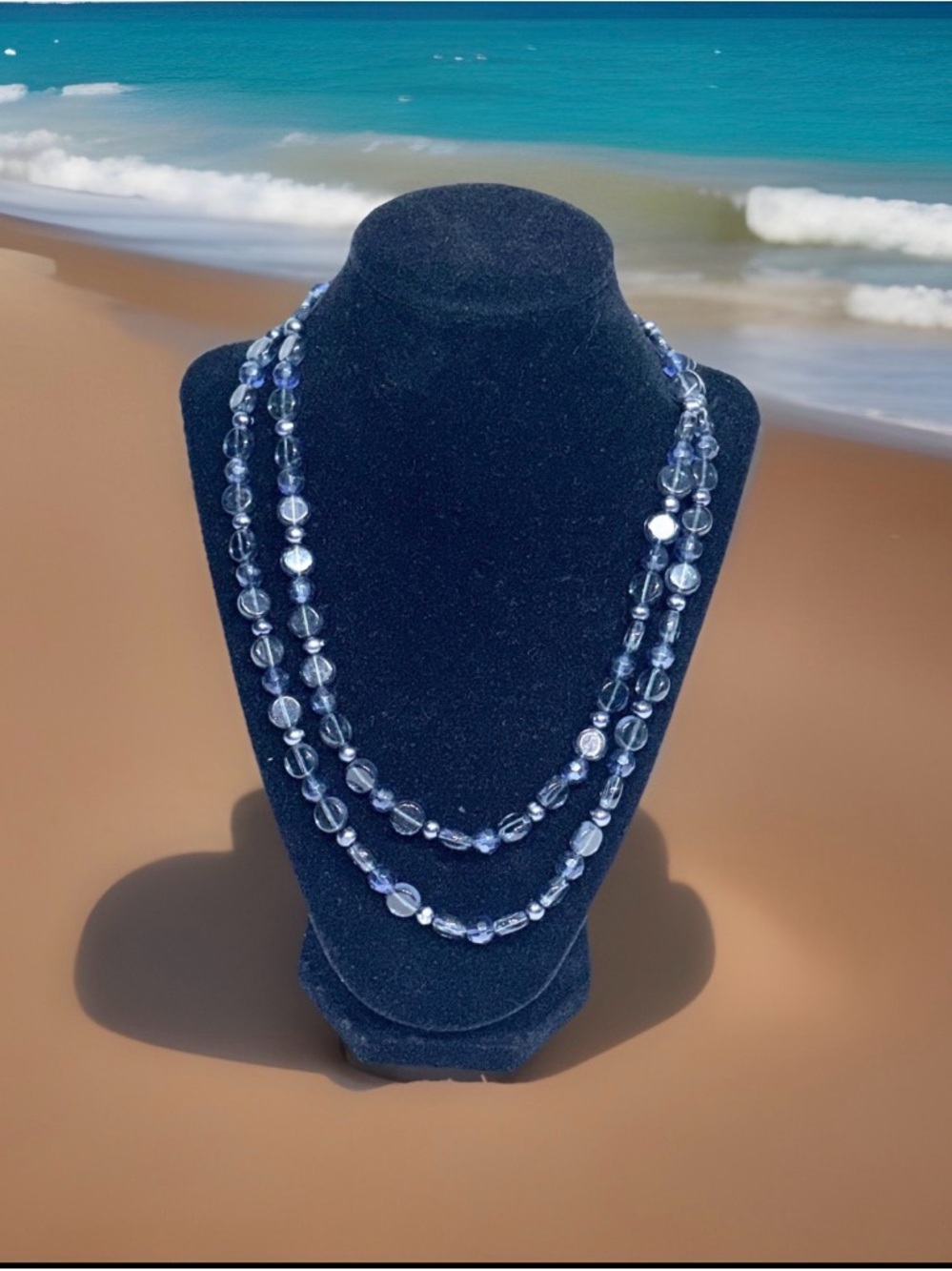 EsMor Blue Grey Glass Beaded Double Strand Layered Necklace Silver Tone